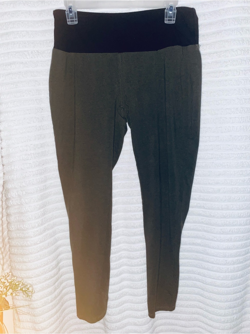 Olive-Green Leggings with Black Foldover Waistband